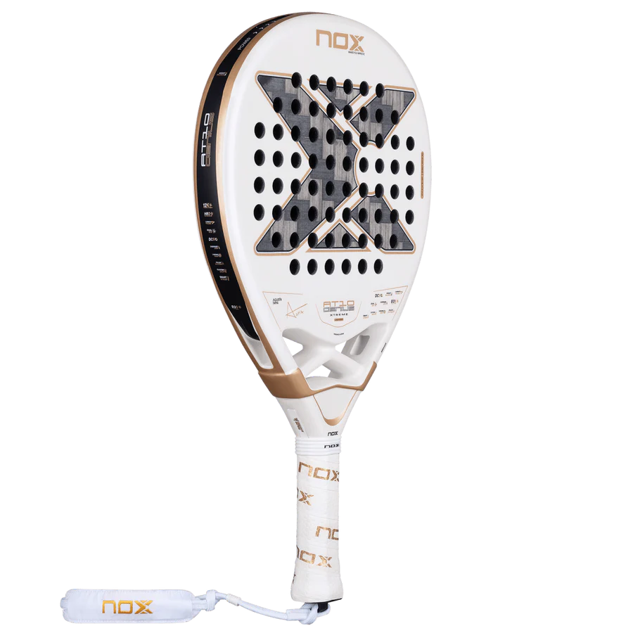NOX AT10 Luxury Genius 12K Alum XTREM 2026 padel racket side view. White frame, gold detailing and textured surface, for advanced players.