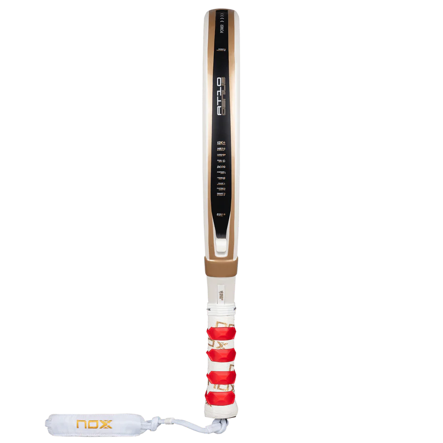 NOX AT10 Luxury Genius 12K Alum XTREM 2026 padel racket thin side view, gold edge design, designed for advanced players.