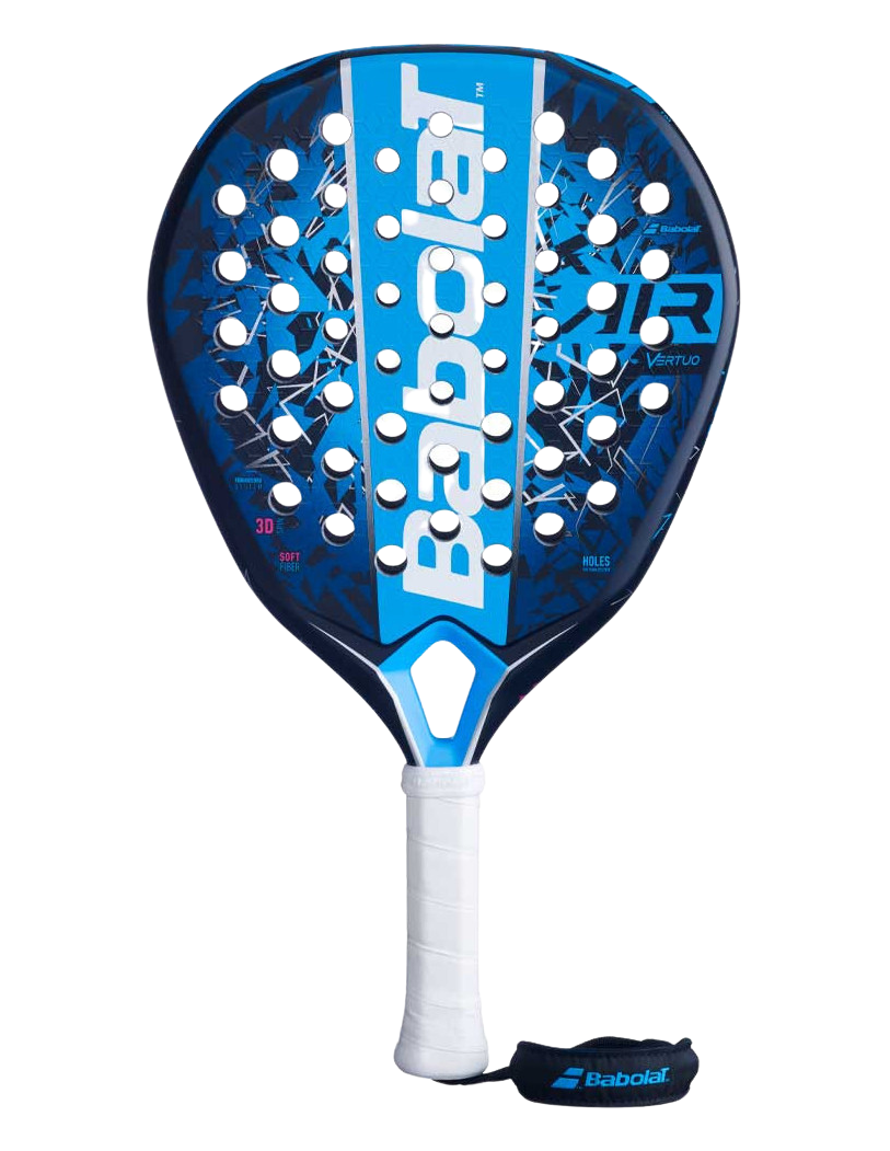 Front view of the Babolat Air Vertuo 25 padel racket in blue with a white handle and black holes, shown vertically on a transparent background.
