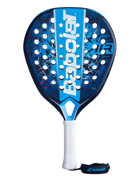 Front view of the Babolat Air Vertuo 25 padel racket in blue with a white handle and black holes, shown vertically on a transparent background.