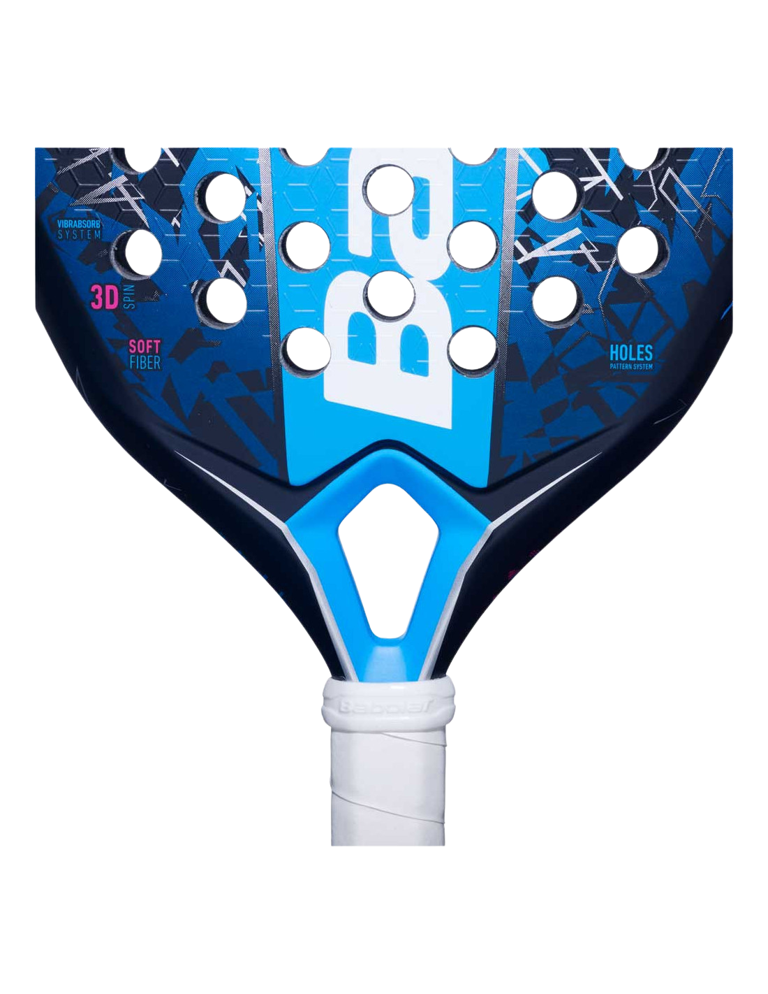 Close-up of the Babolat Air Vertuo 25 padel racket in blue with white handle and logo detailing, designed for intermediate players