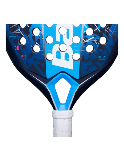 Close-up of the Babolat Air Vertuo 25 padel racket in blue with white handle and logo detailing, designed for intermediate players
