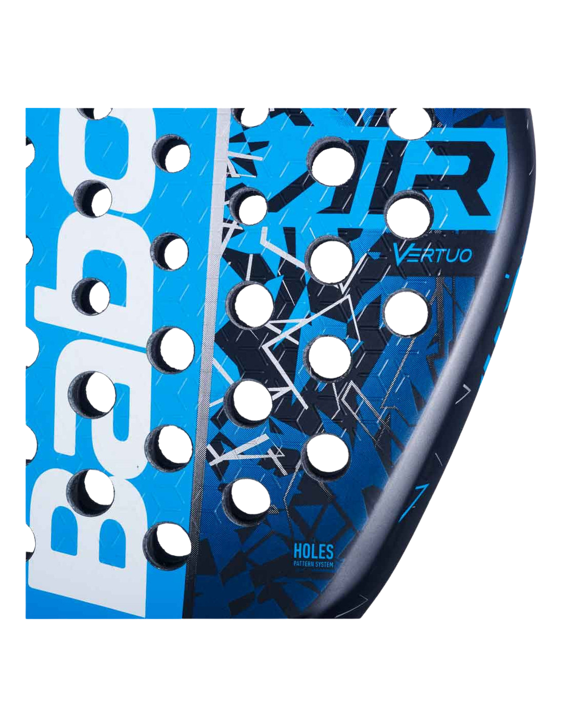 Close up of the Babolat Air Vertuo 25 padel racket showing the blue textured surface and hole pattern, designed for intermediate players