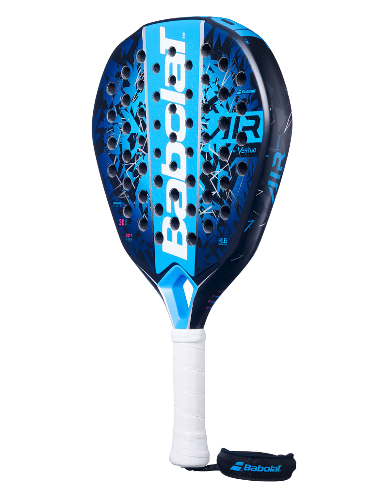 Side view of the Babolat Air Vertuo 25 padel racket in blue with white handle, designed for intermediate players