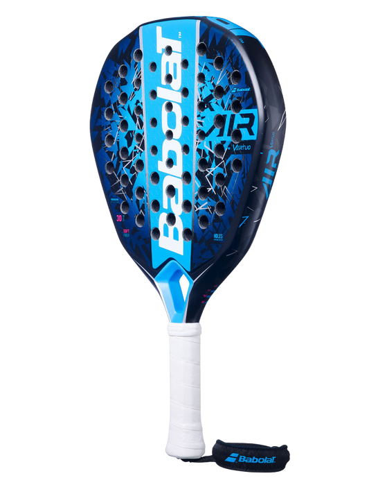Side view of the Babolat Air Vertuo 25 padel racket in blue with white handle, designed for intermediate players