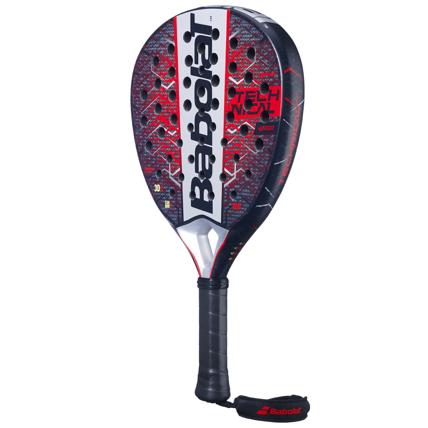 Angled view of the Babolat Technical Veron 25 padel racket in black, red and white, designed for intermediate players.