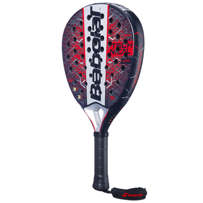 Angled view of the Babolat Technical Veron 25 padel racket in black, red and white, designed for intermediate players.
