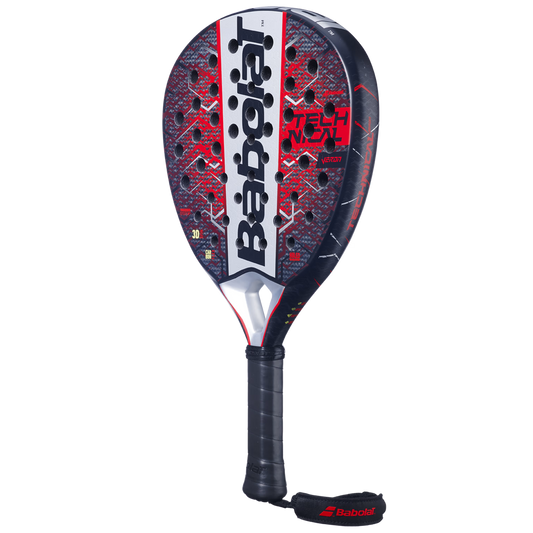 Angled view of the Babolat Technical Veron 25 padel racket in black, red and white, designed for intermediate players.