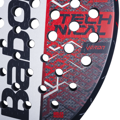Close up of the Babolat Technical Veron 25 padel racket showing red, black and white surface details with drilled holes, designed for intermediate players.