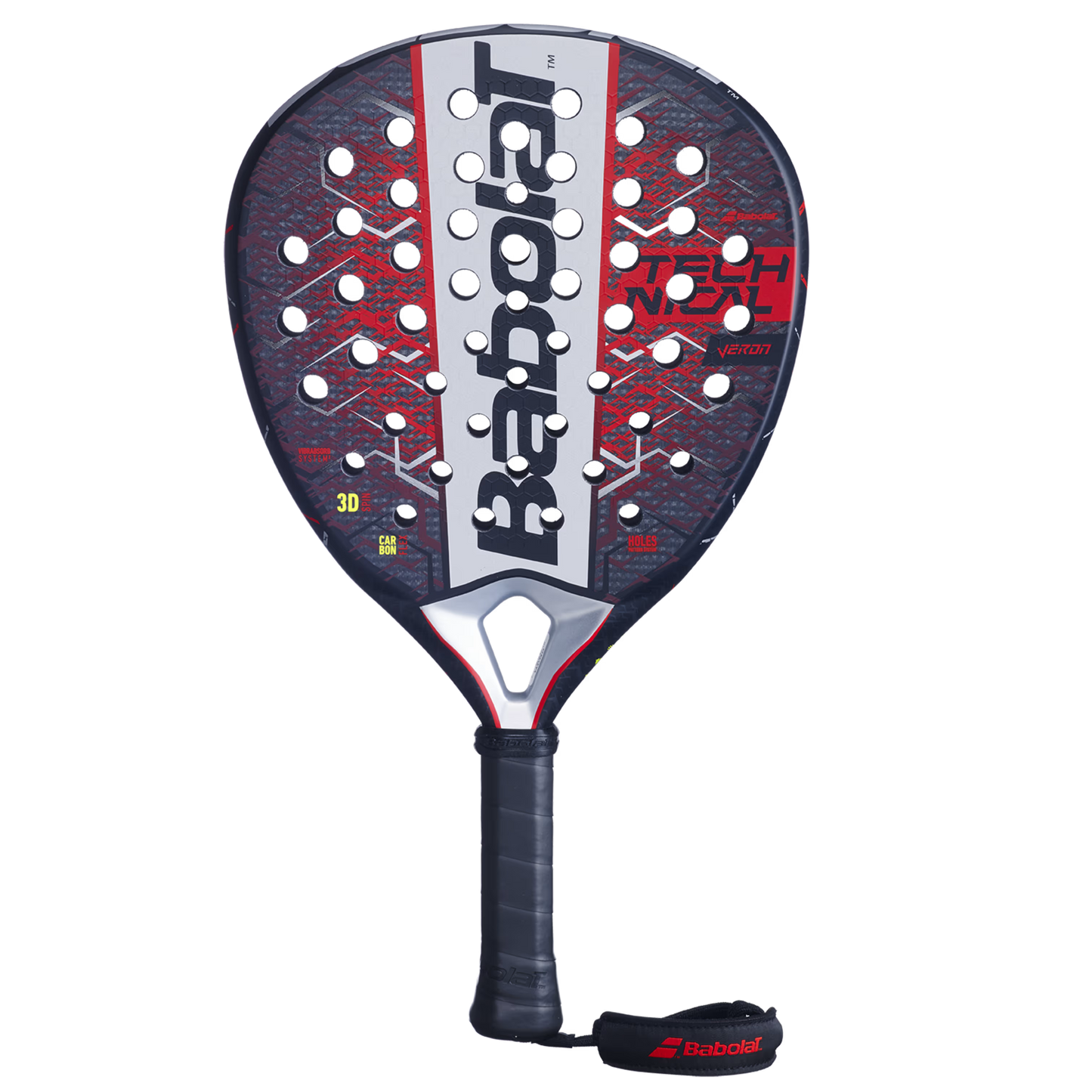 Front view of the Babolat Technical Veron 25 padel racket in black, red and white, designed for intermediate players