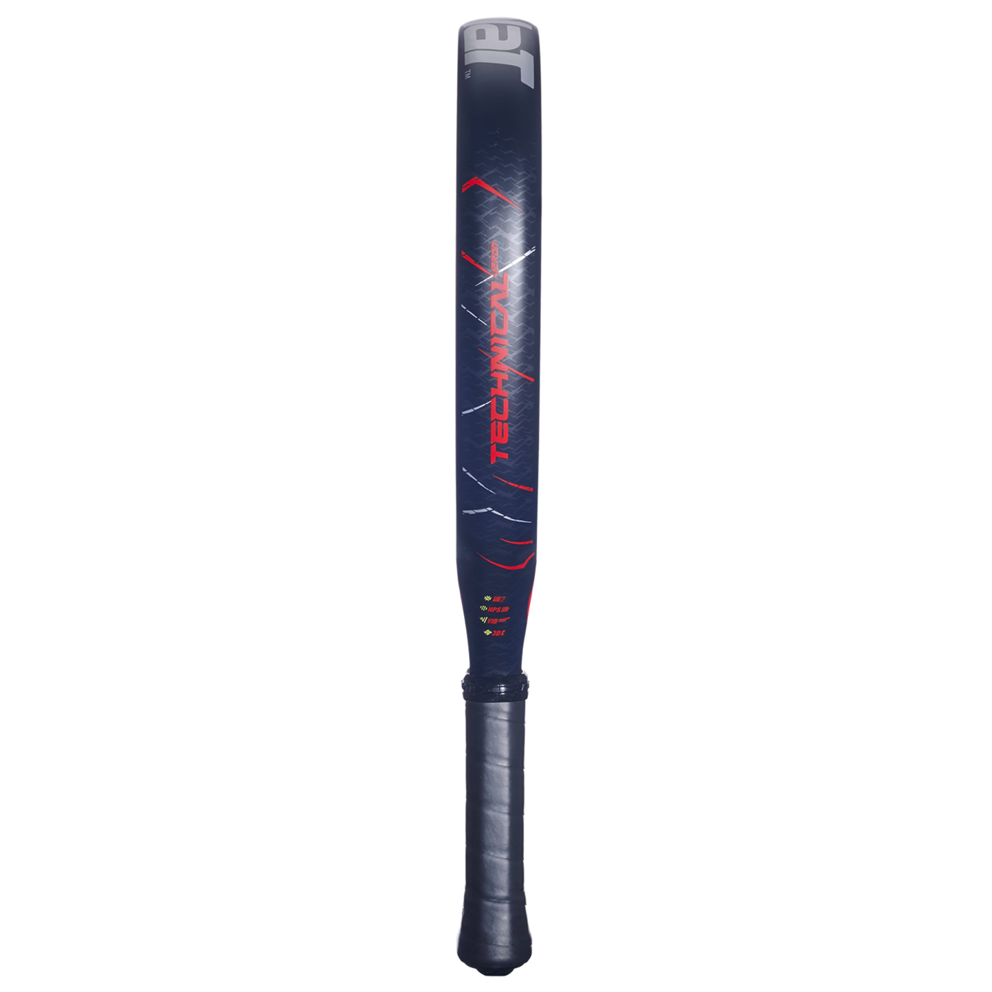 Side profile view of the Babolat Technical Veron 25 padel racket with navy, red and white design, designed for intermediate players.