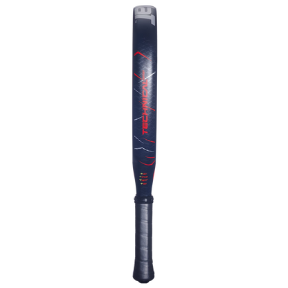 Side profile view of the Babolat Technical Veron 25 padel racket with navy, red and white design, designed for intermediate players.