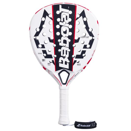 Front view of the Babolat Technical Vertuo Juan Lebron 25 padel racket in white with black and red detailing, designed for intermediate players.