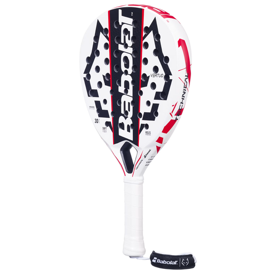 Side view of the Babolat Technical Vertuo Juan Lebron 25 padel racket in white with black and red accents, designed for intermediate players.