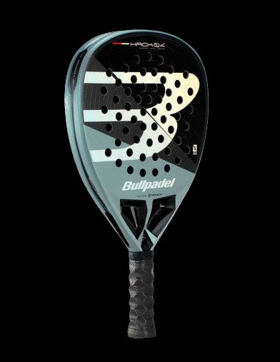 Angled view of the Bullpadel Hack 04 26 padel racket in black and silver with bold Bullpadel logo and carbon surface texture, designed for advanced players.