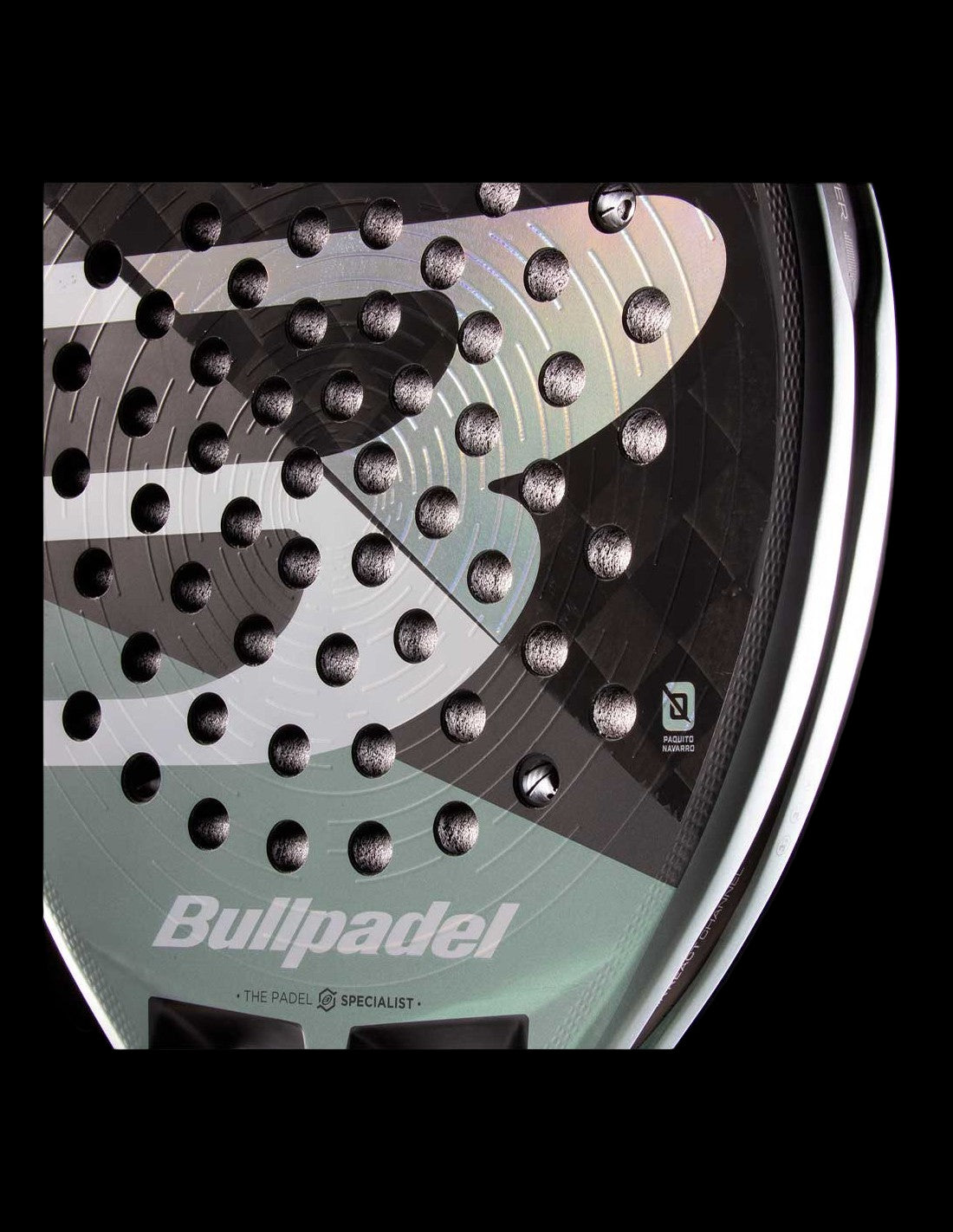Close up of the Bullpadel Hack 04 26 racket face showing the textured surface and central logo, designed for advanced players.