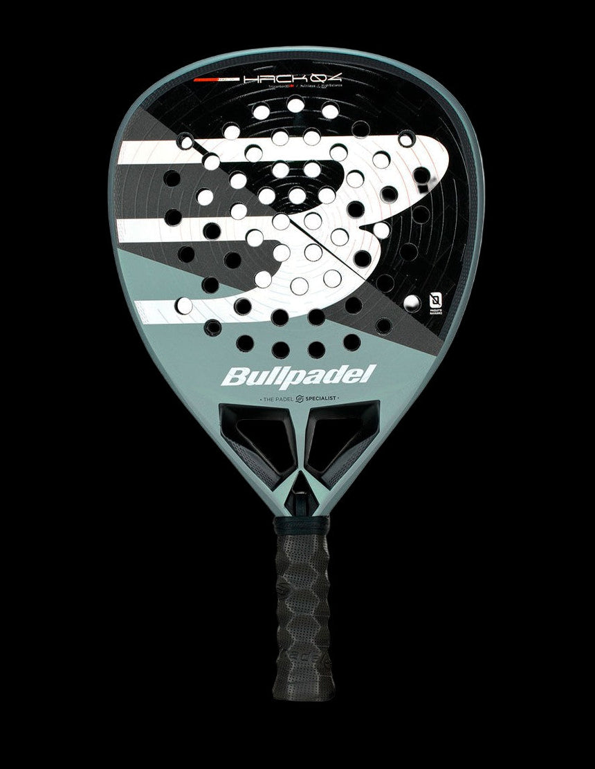 Front view of the Bullpadel Hack 04 26 padel racket in black and silver with textured surface and central logo, designed for advanced players.