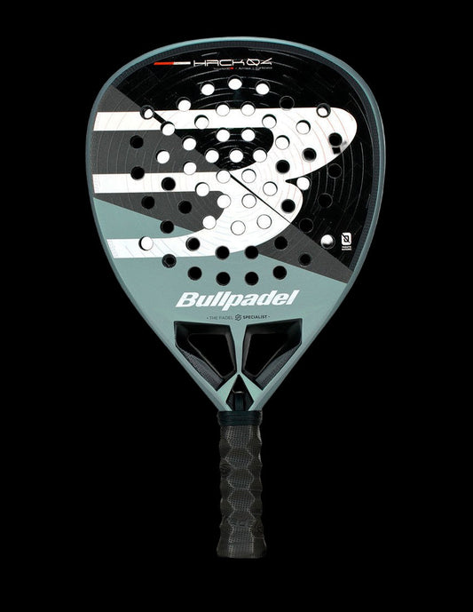 Front view of the Bullpadel Hack 04 26 padel racket in black and silver with textured surface and central logo, designed for advanced players.