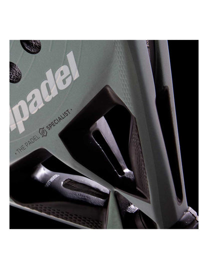 Close up of the Bullpadel Hack 04 26 showing the reinforced bridge and branding logo, designed for advanced players.