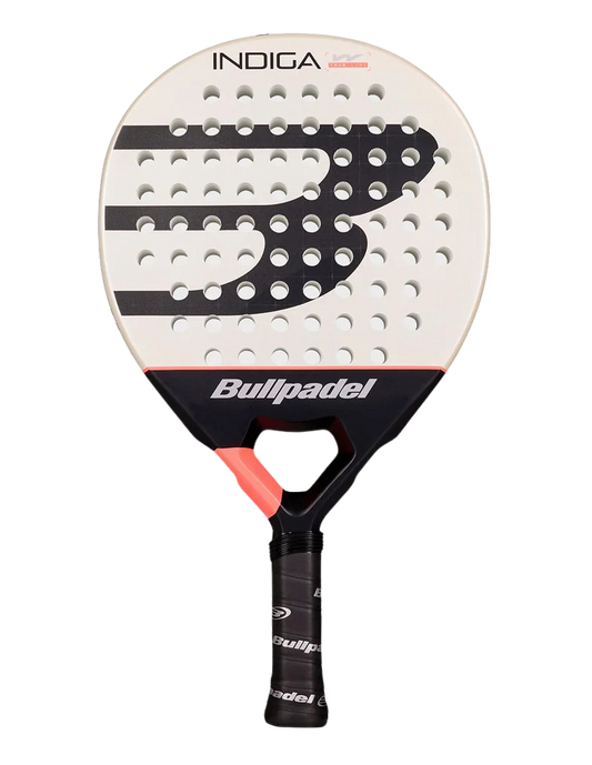 Bullpadel Indiga Woman 26 padel racket, lightweight white and black design with coral accents, ideal for beginner to intermediate women players.