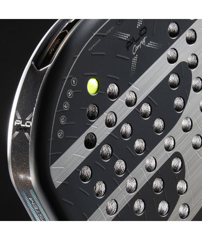 Bullpadel Xplo Comfort 26 padel racket, grey and white face with drilled holes and neon highlights, close-up angle.