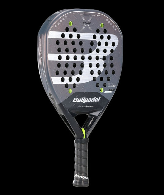 Bullpadel Xplo Comfort 26 padel tennis racket for advanced players, black and grey design with white B logo, angled view.