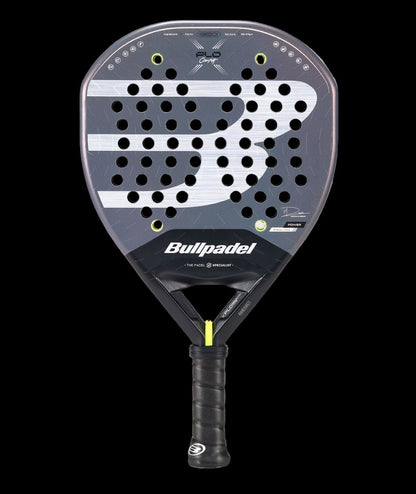 Bullpadel Xplo Comfort 26 padel tennis racket for advanced players, black and grey design with large B logo, front view