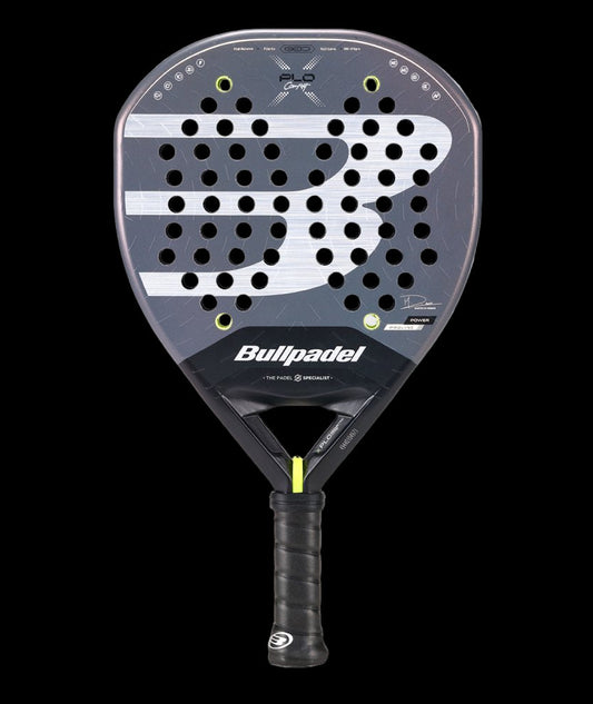 Bullpadel Xplo Comfort 26 padel tennis racket for advanced players, black and grey design with large B logo, front view