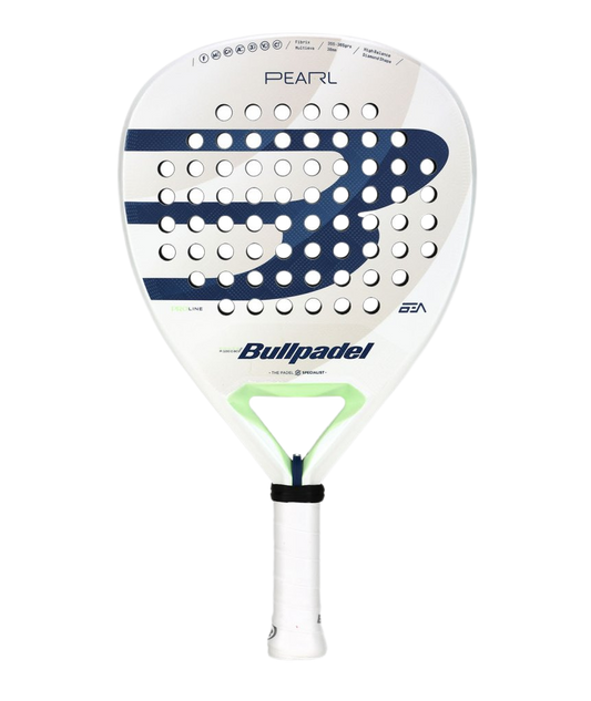 Bullpadel Pearl 25 padel tennis racket for women, white design with navy accents and Pearl branding on transparent background – front view.