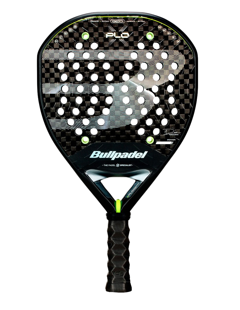 Front view of the Bullpadel Xplo 26 2026 padel racket in black with carbon texture and neon green accents, designed for advanced players.
