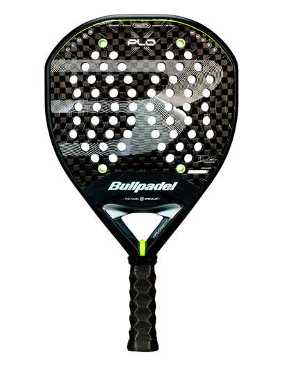 Front view of the Bullpadel Xplo 26 2026 padel racket in black with carbon texture and neon green accents, designed for advanced players.