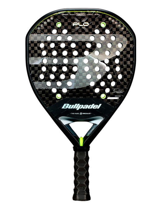 Front view of the Bullpadel Xplo 26 2026 padel racket in black with carbon texture and neon green accents, designed for advanced players.