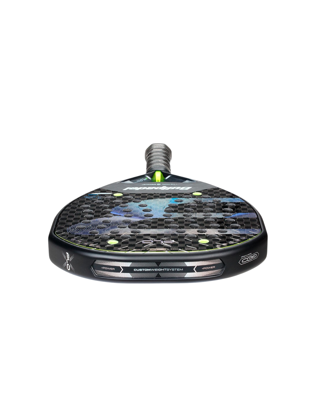 Low angle view of the Bullpadel Xplo 26 2026 padel racket showing the carbon surface texture and neon green accents, designed for advanced players.