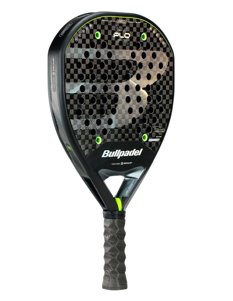 Side angle view of the Bullpadel Xplo 26 2026 padel racket with black carbon finish and neon green accents, designed for advanced players.