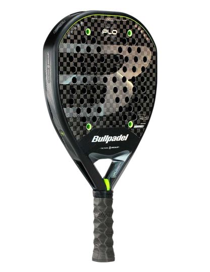 Side angle view of the Bullpadel Xplo 26 2026 padel racket with black carbon finish and neon green accents, designed for advanced players.