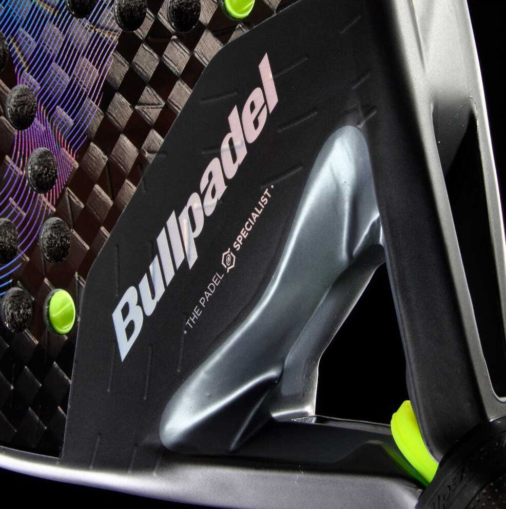 Close-up of the Bullpadel Xplo 26 2026 padel racket showing the throat design, carbon surface and neon detailing, designed for advanced players.