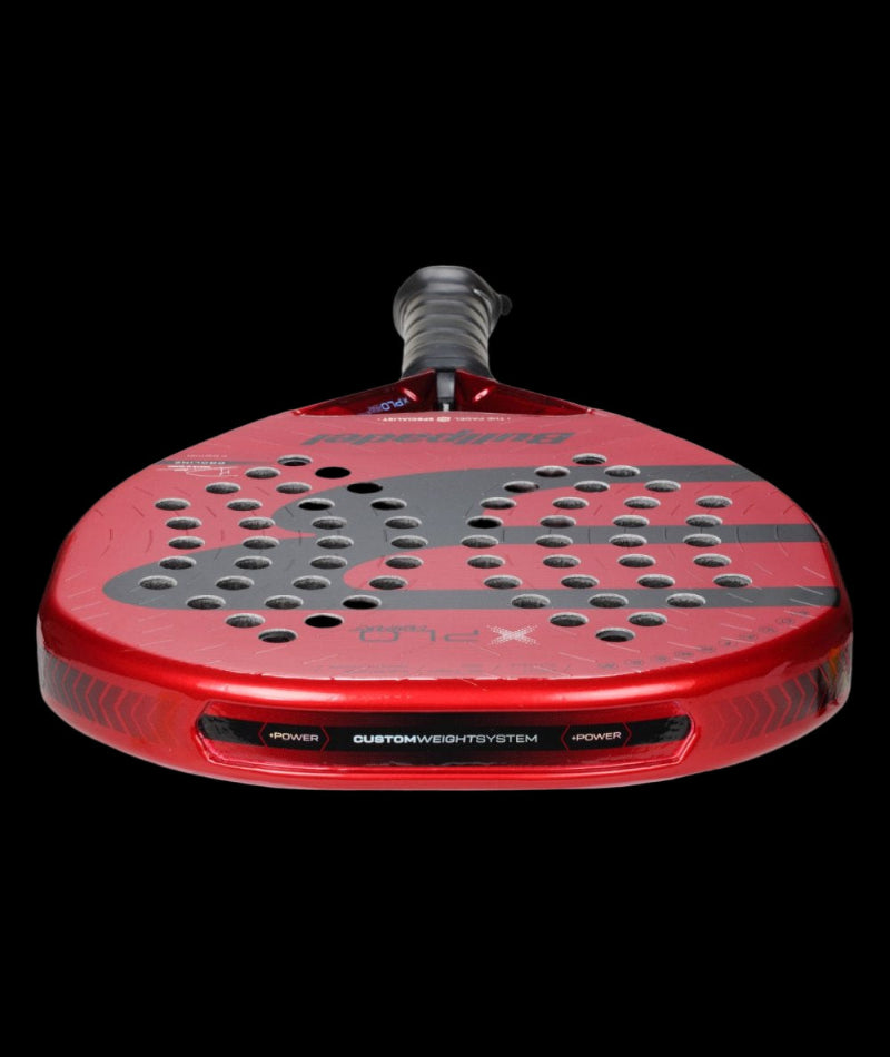 bullpadel xplo comfort 25 padel racket close up of the custom weight system along the frame edge designed for advanced players.