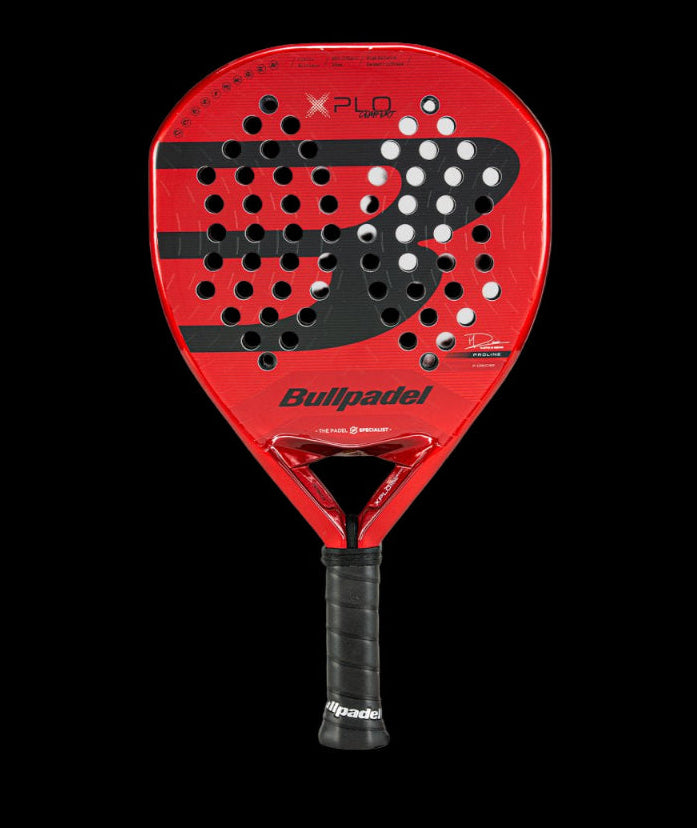 bullpadel xplo comfort 25 padel racket front view showing full hitting surface and bullpadel graphics designed for advanced players.