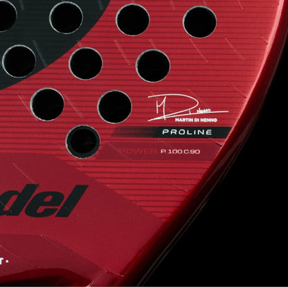 bullpadel xplo comfort 25 padel racket close up showing martin di nenno proline signature and lower face design designed for advanced players.