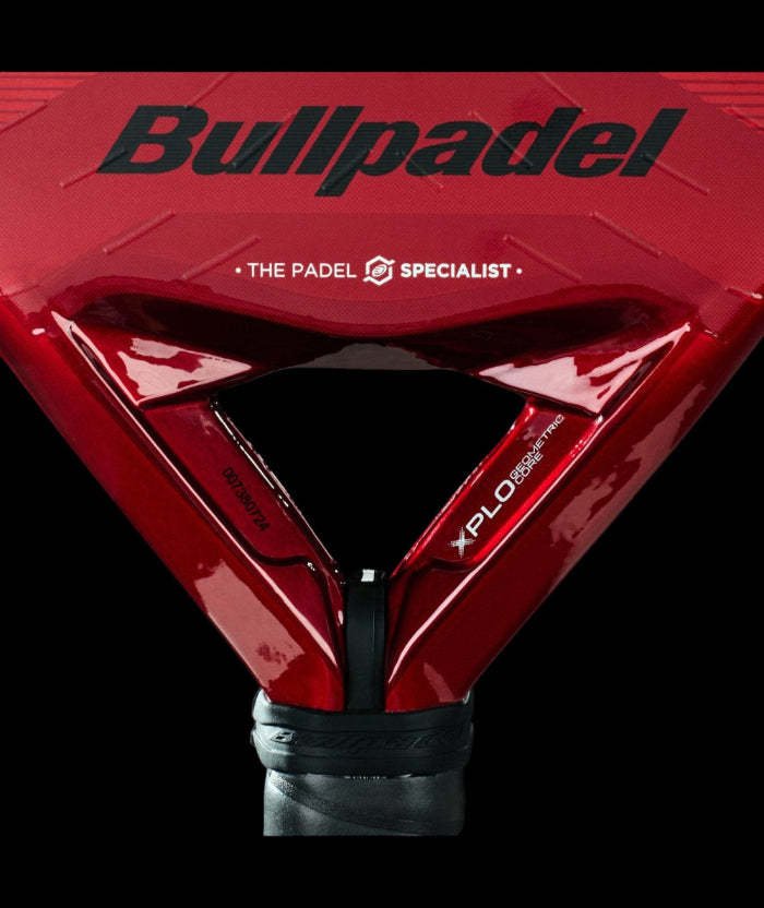 Bullpadel xplo comfort 25 padel racket close up of the red bridge and structural design, designed for advanced players.