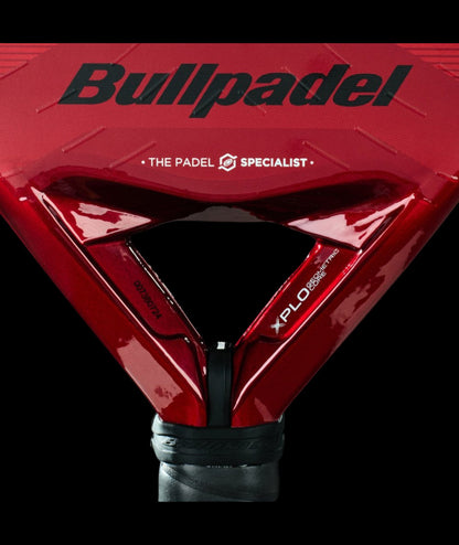 Bullpadel xplo comfort 25 padel racket close up of the red bridge and structural design, designed for advanced players.