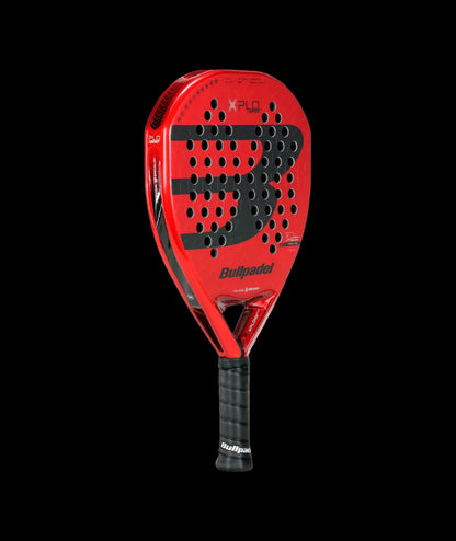 bullpadel xplo comfort 25 padel racket angled shot, red design black detailing and hole layout designed for advanced players