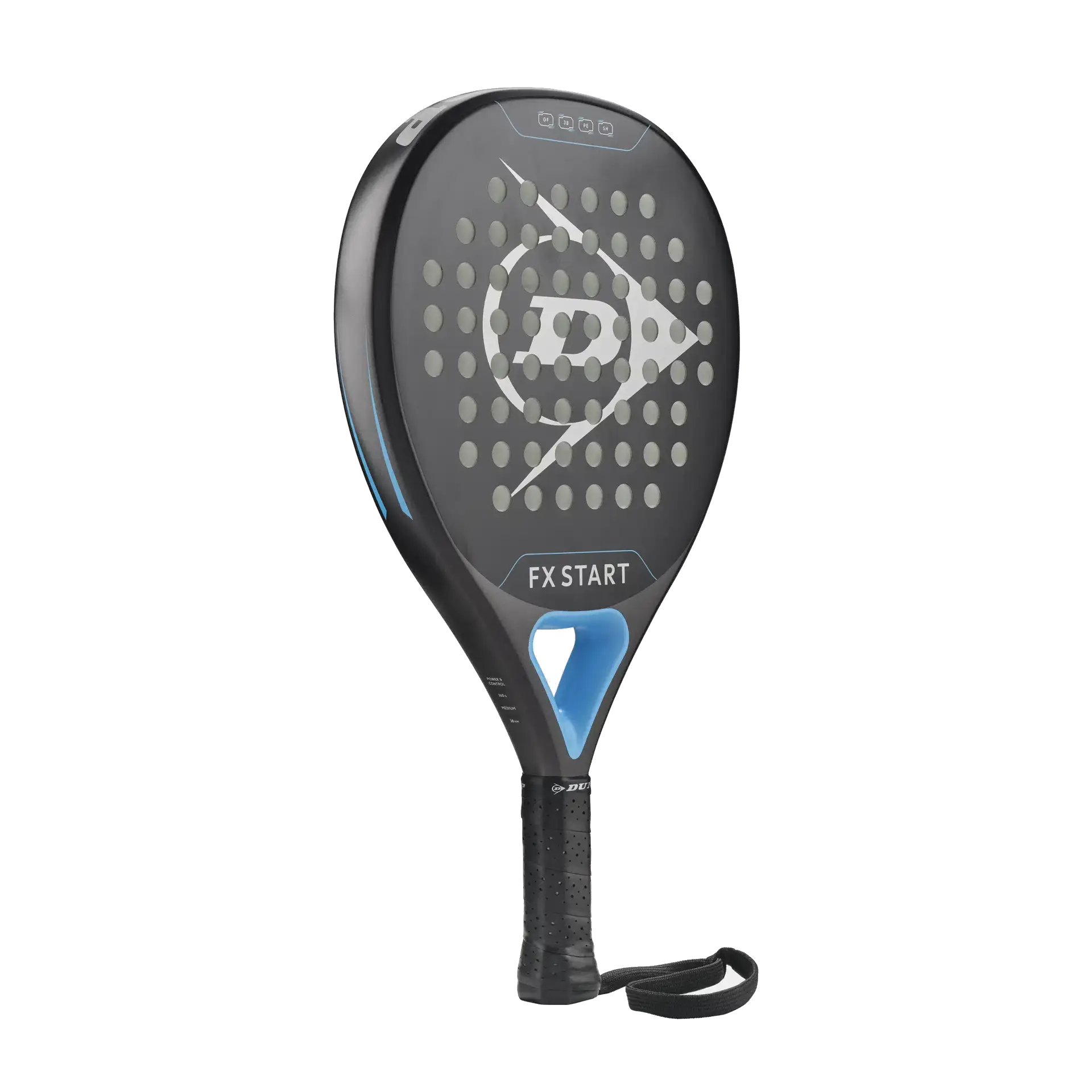 Dunlop FX Start 2026 padel racket angled face view highlighting forgiving design and easy handling, designed for beginner players