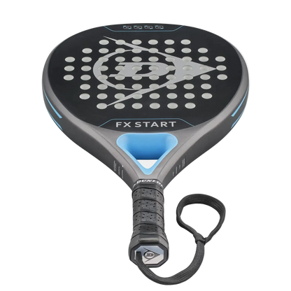Dunlop FX Start 2026 padel racket handle close up with cushioned grip and wrist strap, designed for beginner players