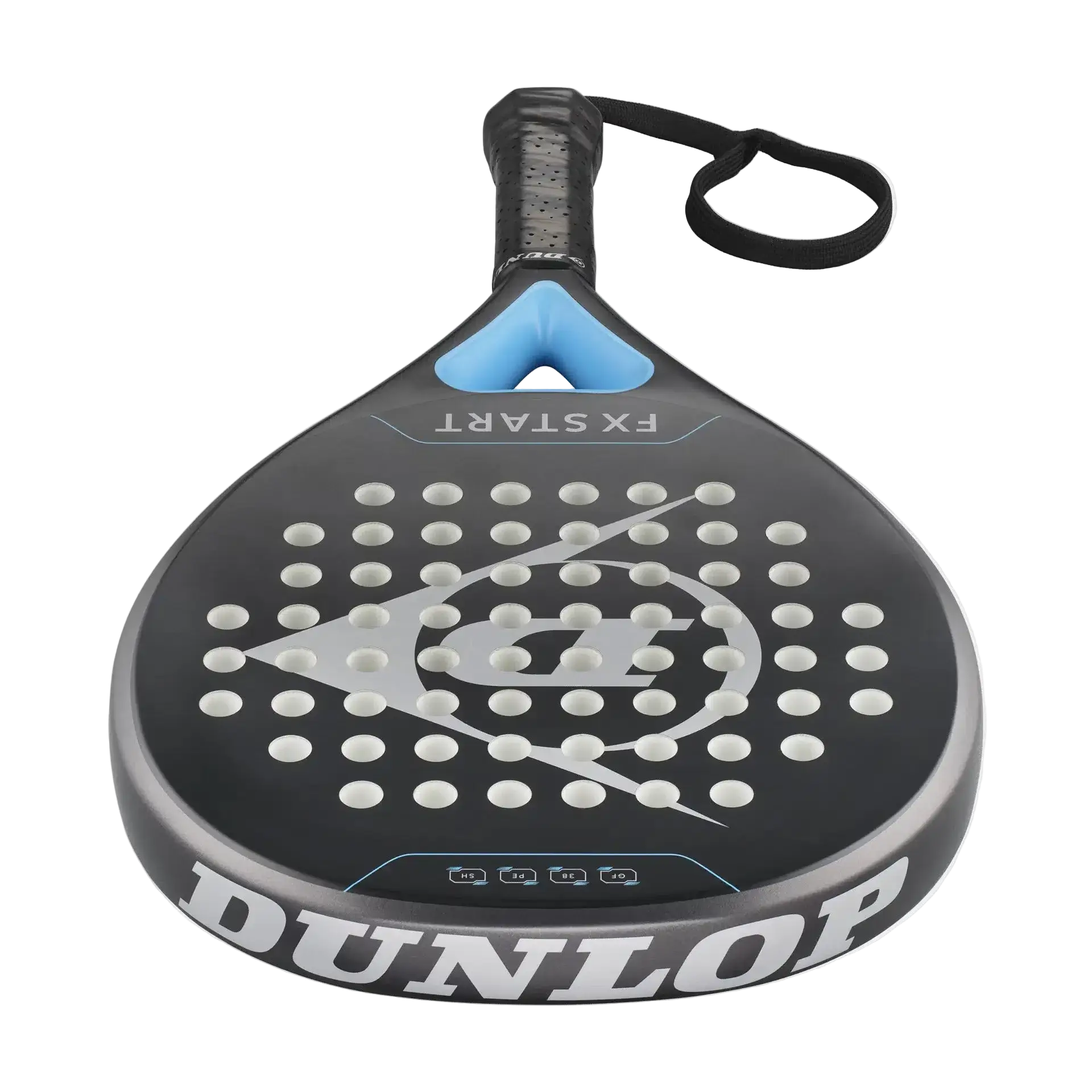 Dunlop FX Start 2026 padel racket top angle showing rounded head shape and balanced construction, designed for beginner players