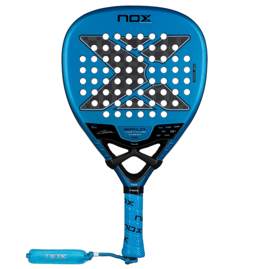 Front view of the blue Nox AT10 Ventus Attack 12K padel racket with perforated face, designed for advanced players.