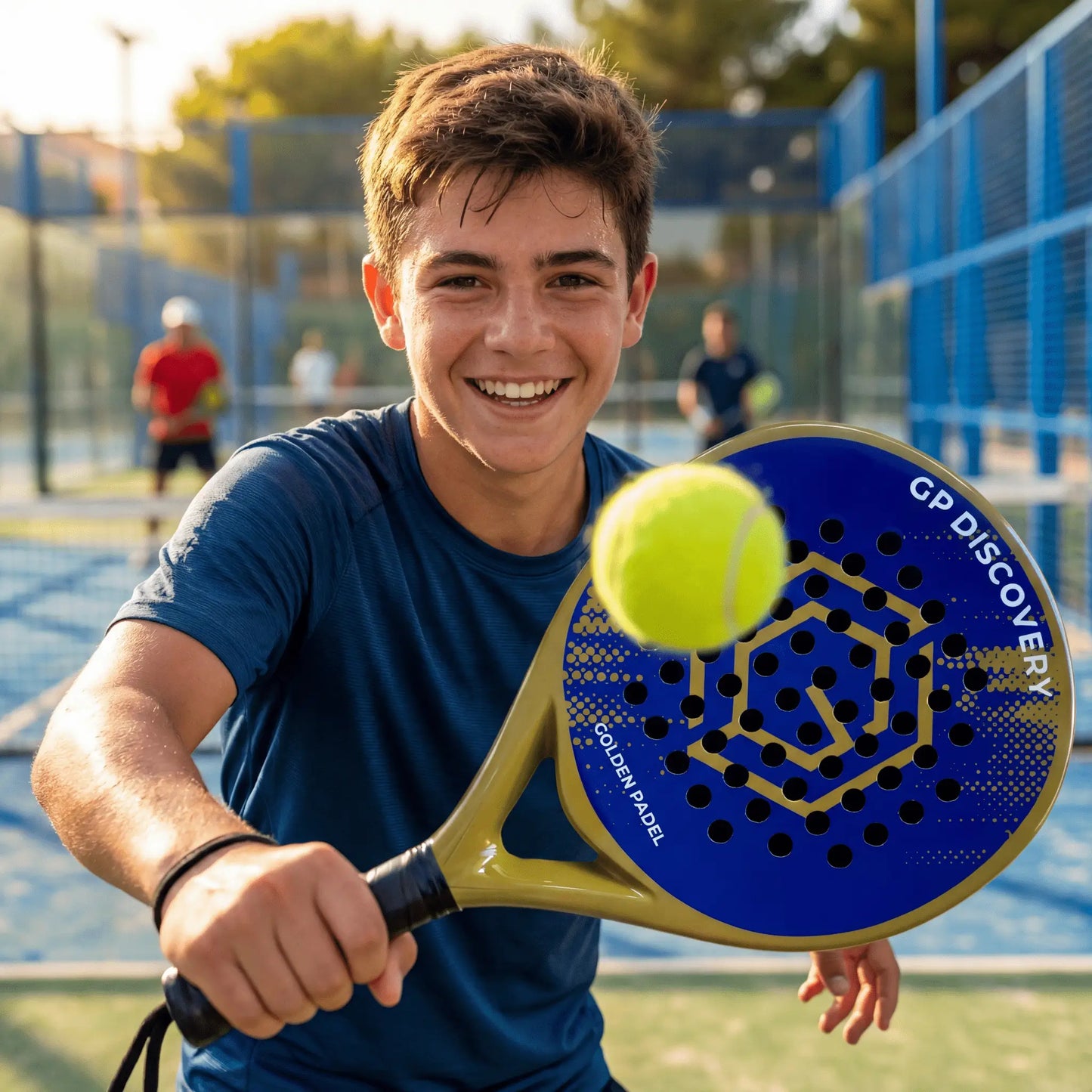 Male padel player hitting forehand with GP Discovery padel racket on outdoor court, designed for beginner players