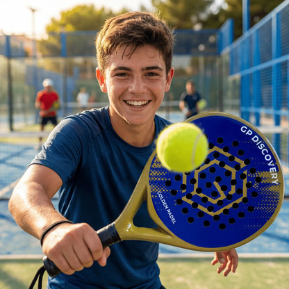 Male padel player hitting forehand with GP Discovery padel racket on outdoor court, designed for beginner players