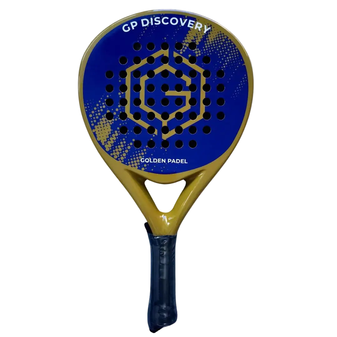 GP Discovery padel racket front view showing round head shape and blue gold design, designed for beginner players