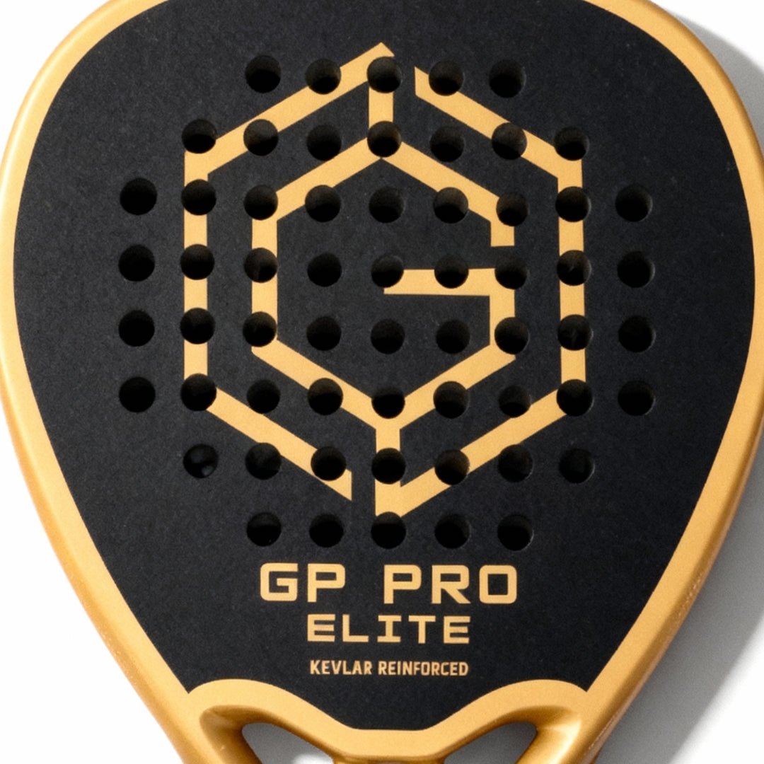 Close-up of Golden Padel GP Pro Elite racket face with 3D carbon texture and hexagon pattern, designed for advanced players
